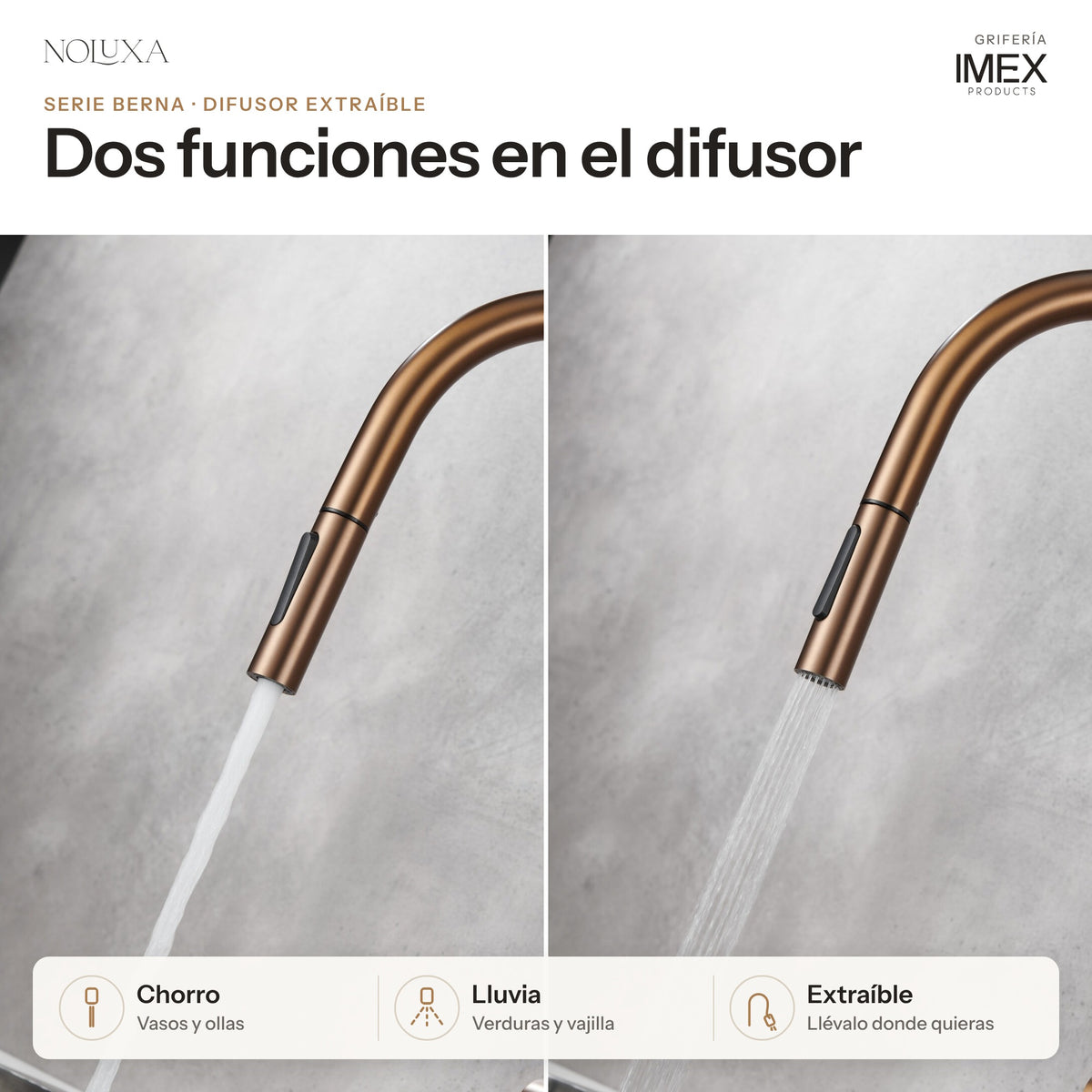 Grifo de cocina extraíble serie Berna oro rosa cepillado (GCE026/ORC) – difusor de doble jet