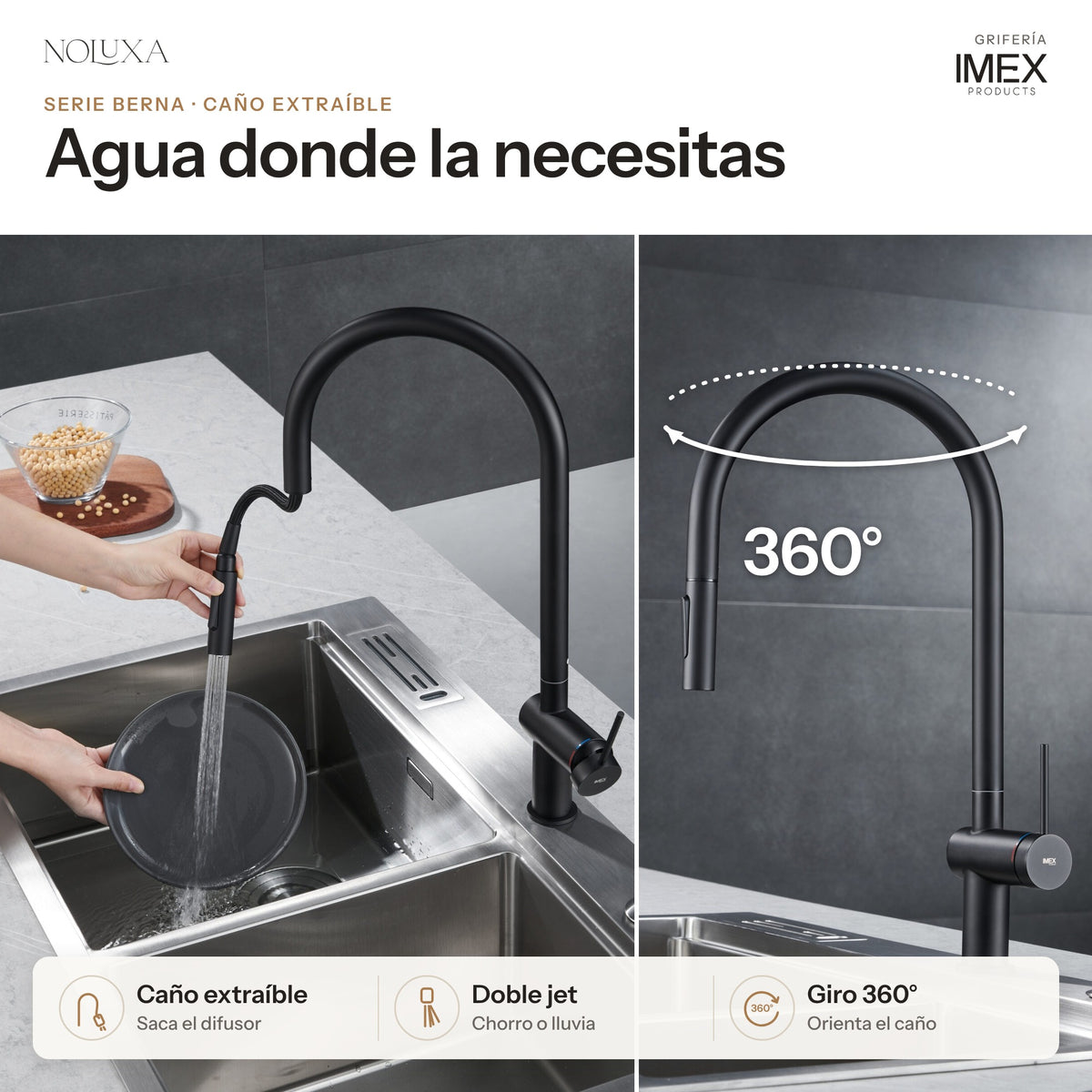 Grifo de cocina extraíble serie Berna negro mate (GCE026/NG) – caño extraíble y giro 360°