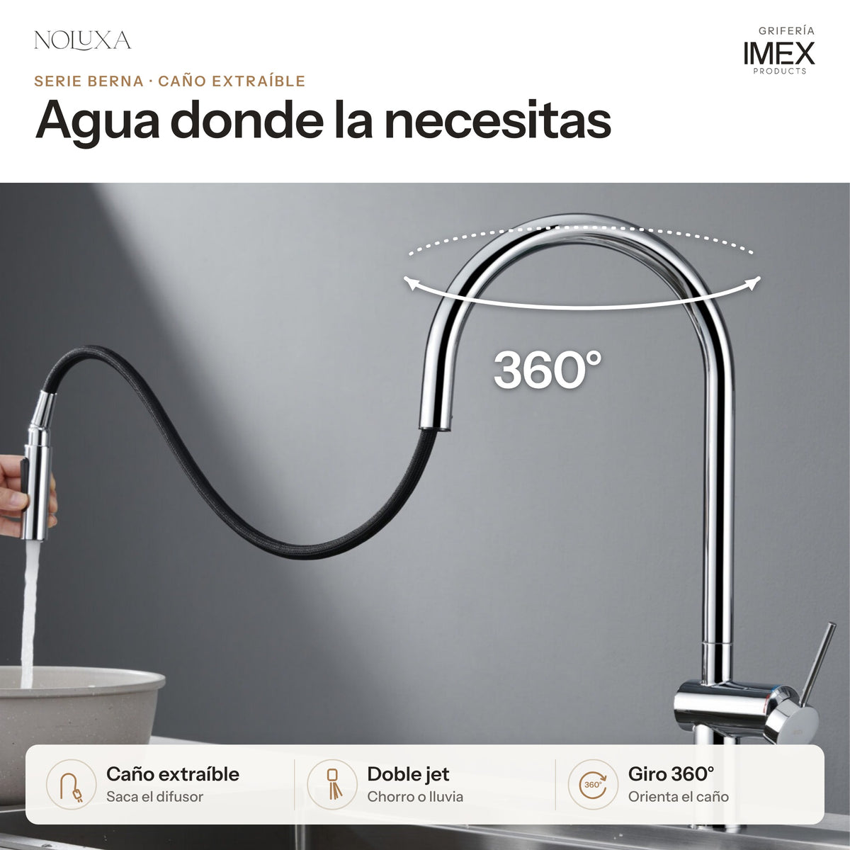 Grifo de cocina extraíble serie Berna cromado (GCE026) – caño extraíble y giro 360°