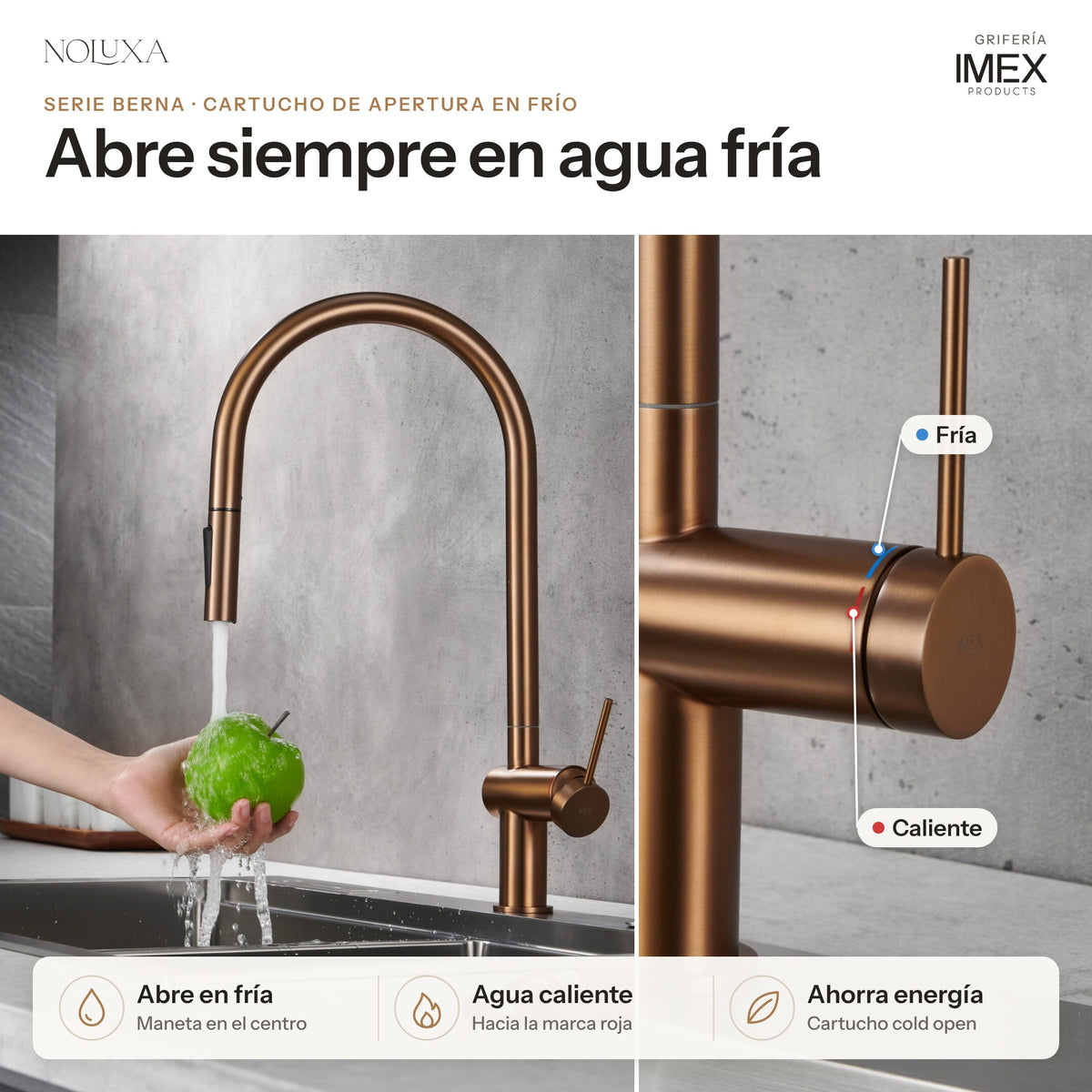 Grifo de cocina extraíble serie Berna oro rosa cepillado (GCE026/ORC) – cartucho de apertura en frío