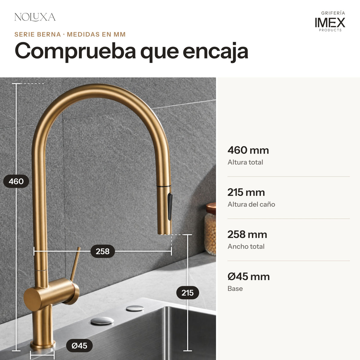 Grifo de cocina extraíble serie Berna oro cepillado (GCE026/OC) – medidas