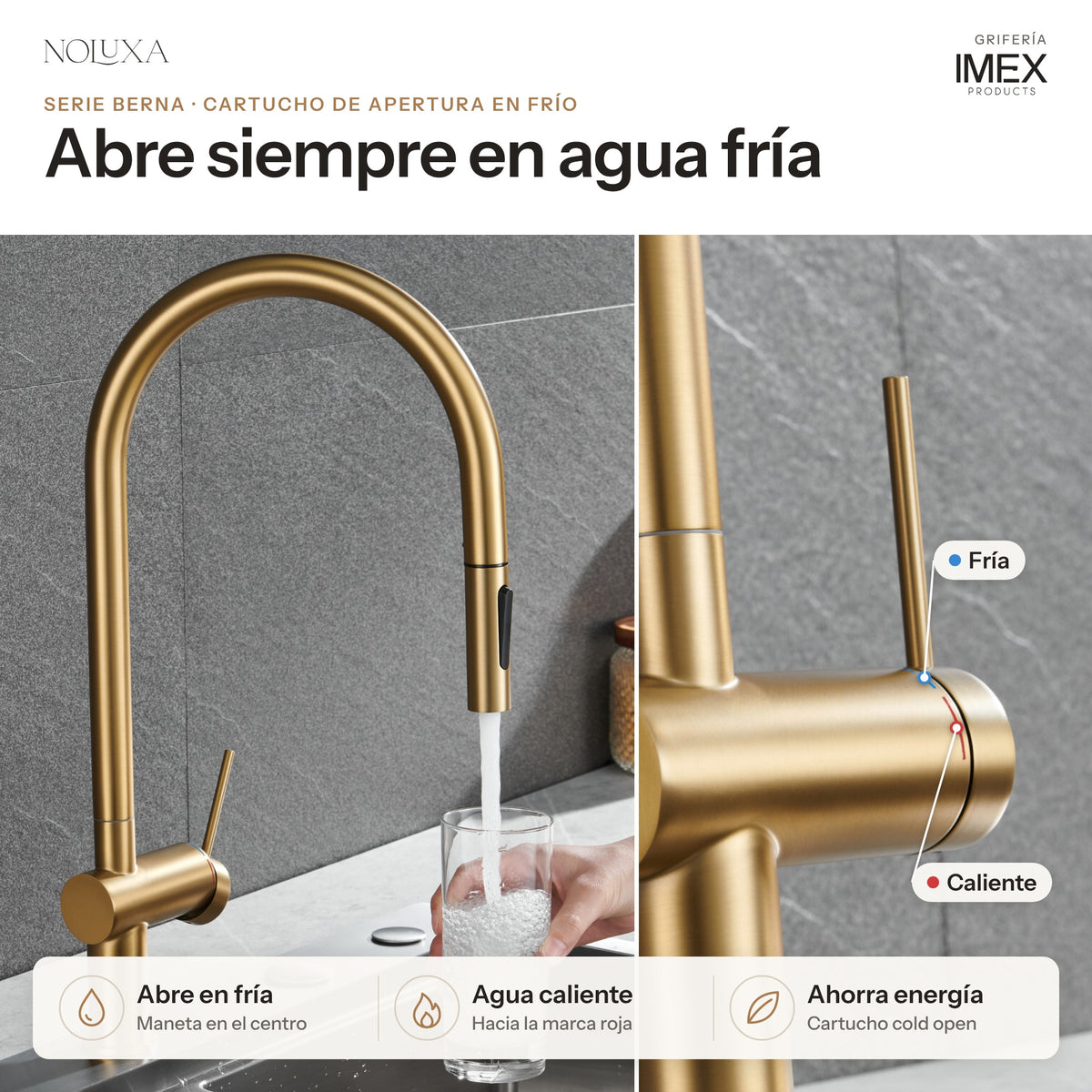 Grifo de cocina extraíble serie Berna oro cepillado (GCE026/OC) – cartucho de apertura en frío