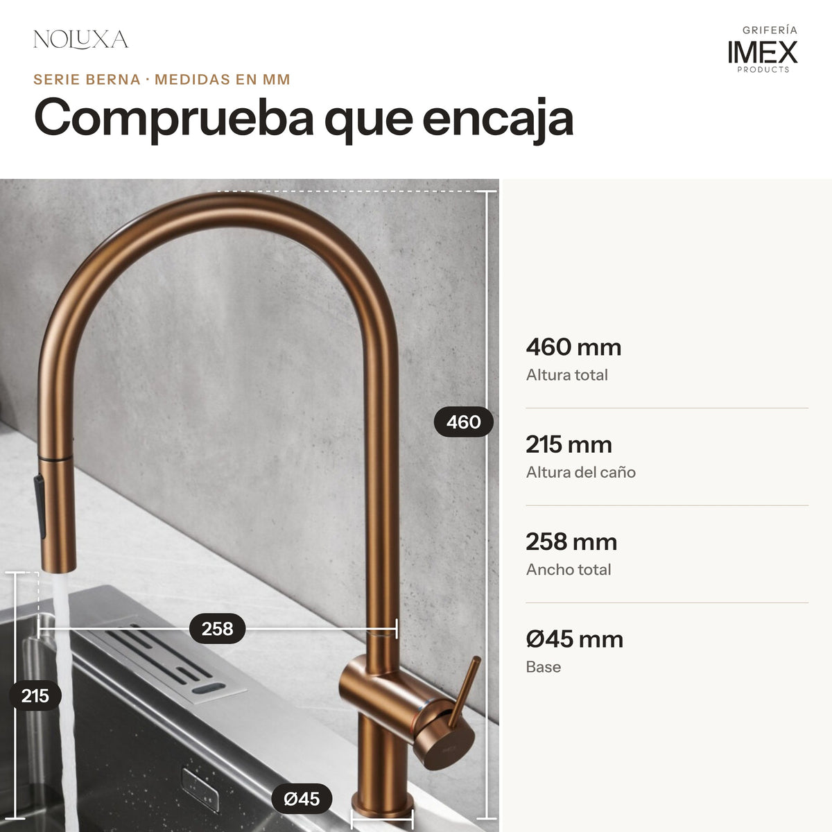 Grifo de cocina extraíble serie Berna oro rosa cepillado (GCE026/ORC) – medidas