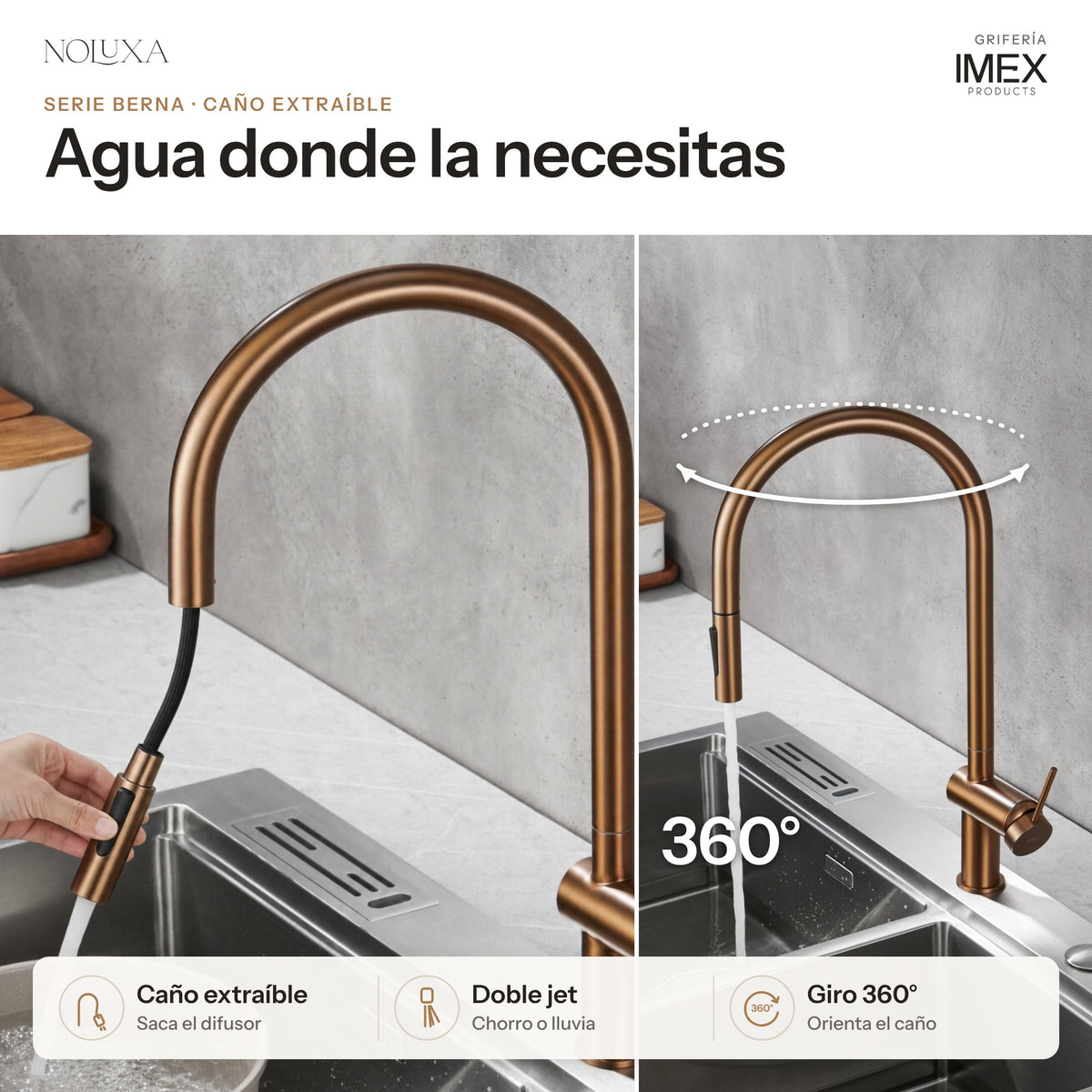 Grifo de cocina extraíble serie Berna oro rosa cepillado (GCE026/ORC) – caño extraíble y giro 360°
