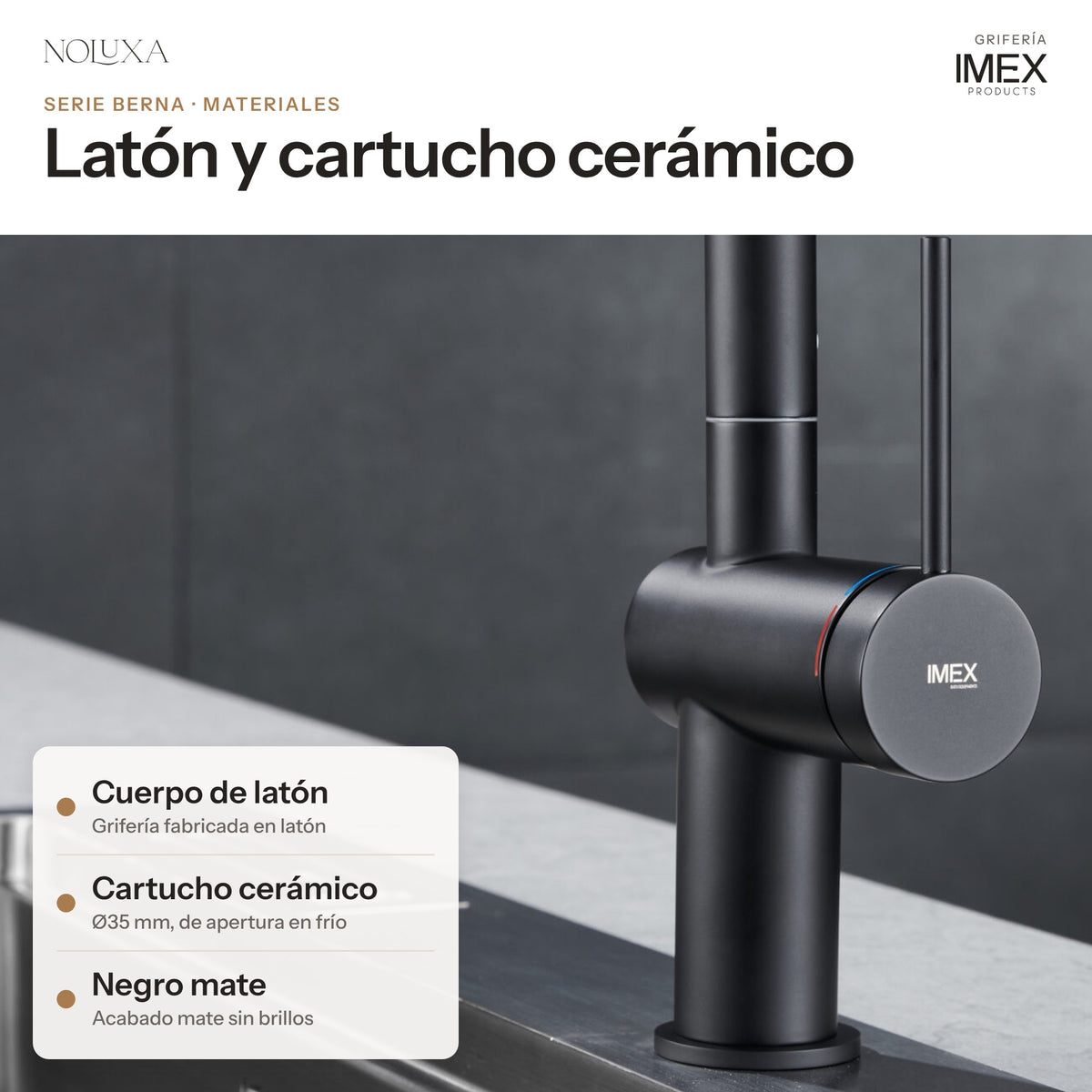 Grifo de cocina extraíble serie Berna negro mate (GCE026/NG) – materiales