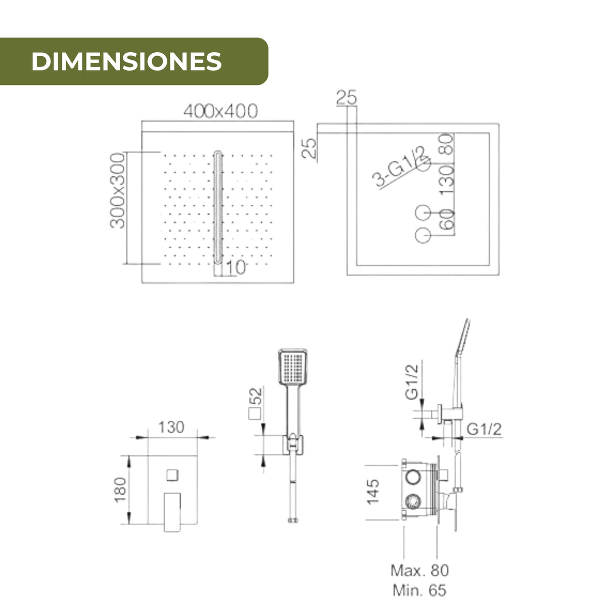 IMEX - Ducha Empotrada Techo Monomando Cromada | Conjunto de Grifería Empotrado con Alcachofa y Rociador Antical Efecto Lluvia | Columna Ducha Empotrada en Latón y Acero Inox S.304 | Serie Málaga Cromado