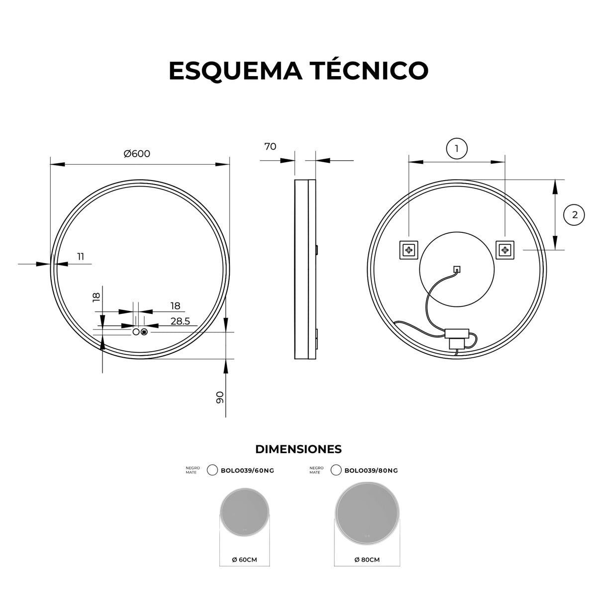 ESPEJO BOLONIA 80cm Negro Mate