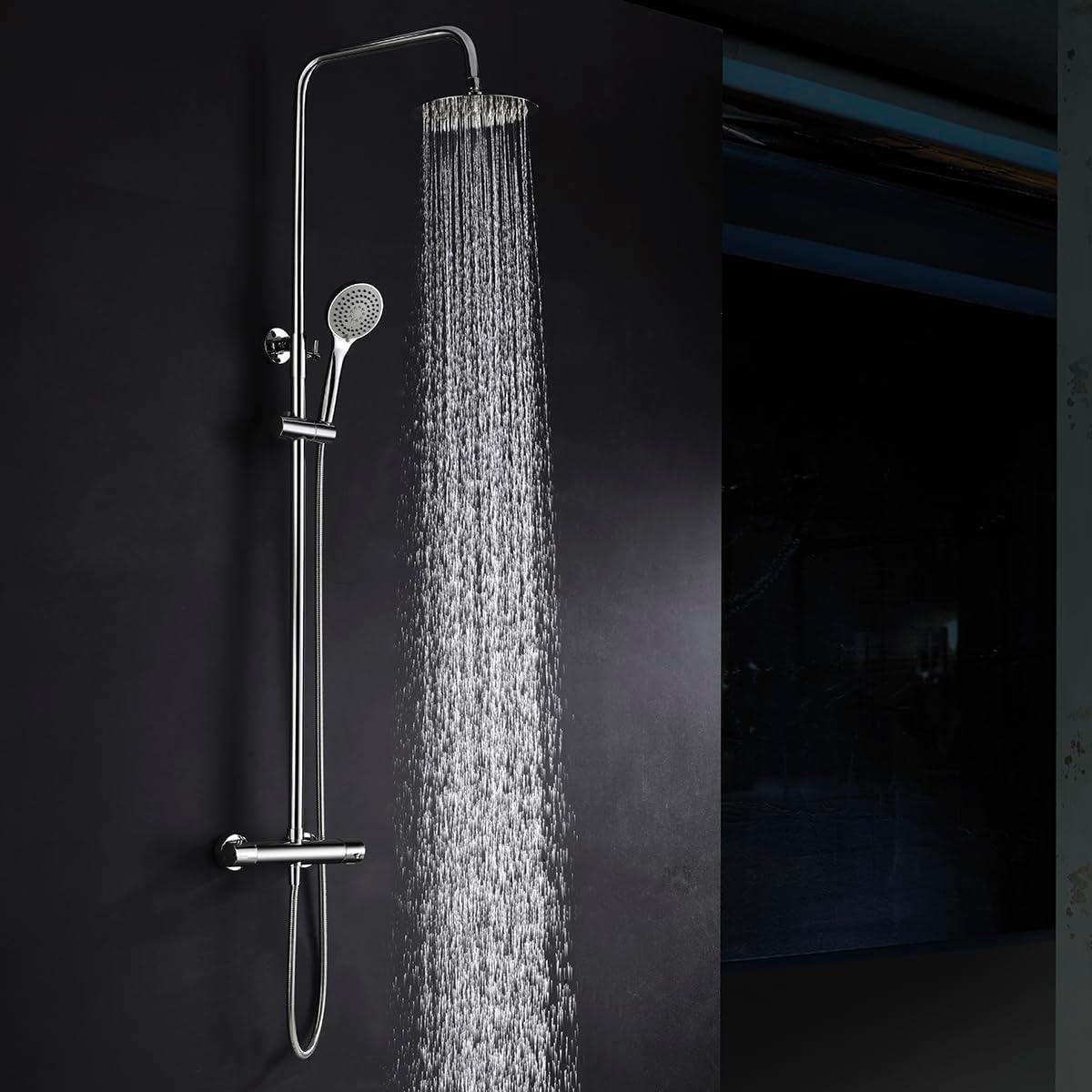 IMEX - Columna Ducha Termostatica con Grifo | Conjunto de Ducha con Alcachofa y Rociador Antical Efecto Lluvia | Griferia en Latón y Acero Inox S.304 con Barra Extensible | Serie Creta | Color Cromado Cromado