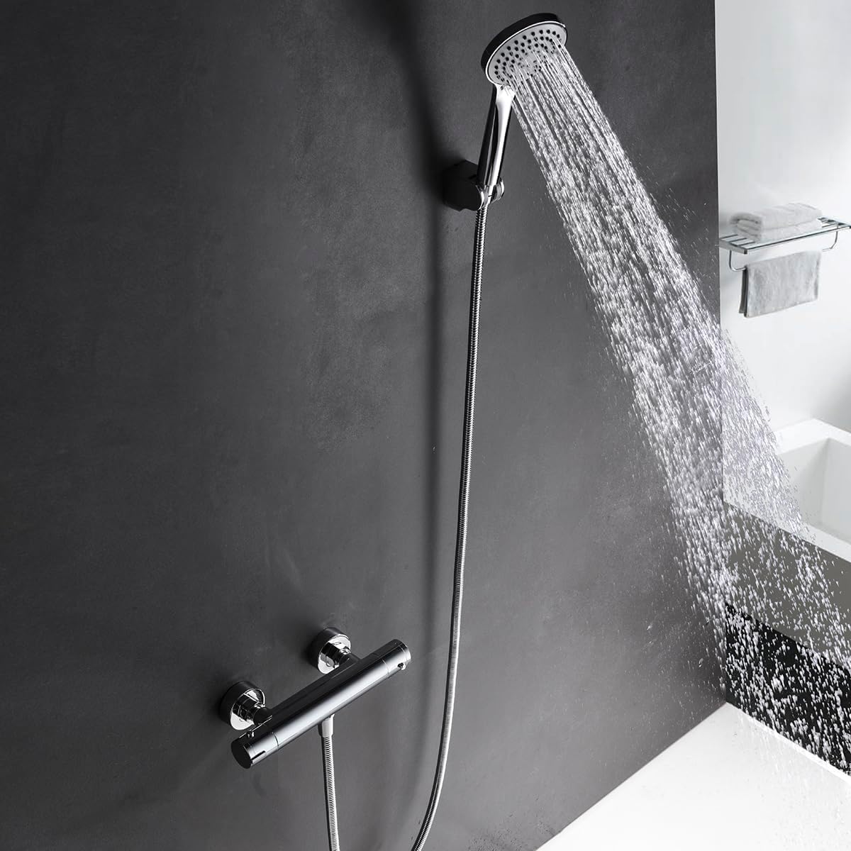 IMEX - Grifo de Ducha Termostatico con Alcachofa y Manguera | Grifo Ducha Cromado con Regulador de Temperatura Fría y Caliente | Grifería en Latón con Cartucho Autolimpiable | Serie Creta Cromado