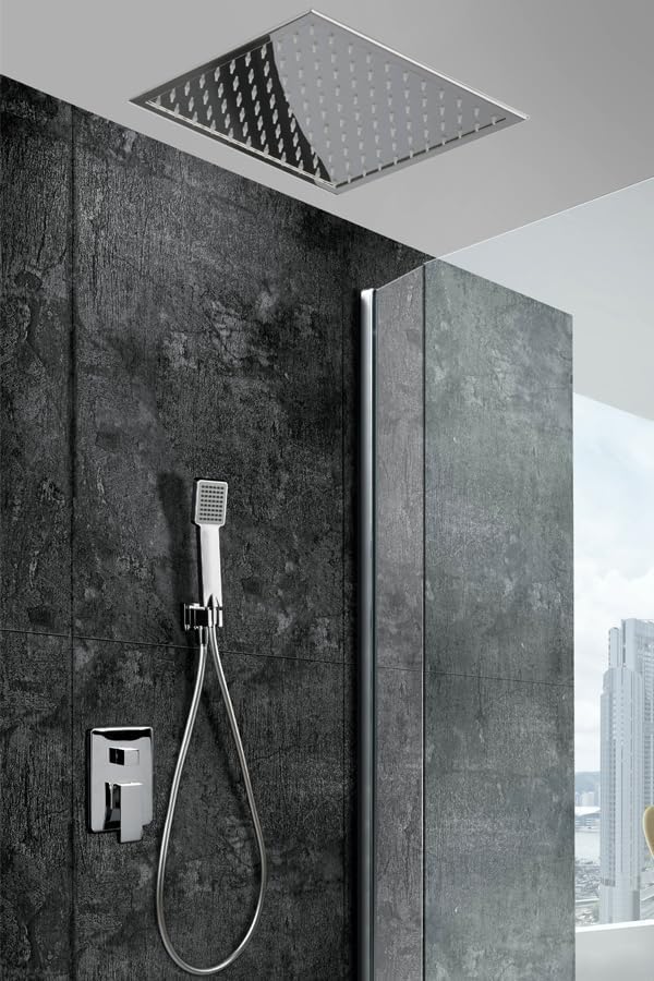 IMEX - Ducha Empotrada Techo Monomando Cromada | Conjunto de Grifería Empotrado con Alcachofa y Rociador Antical Efecto Lluvia | Columna Ducha Empotrada en Latón y Acero Inox S.304 | Serie Gales Cromado