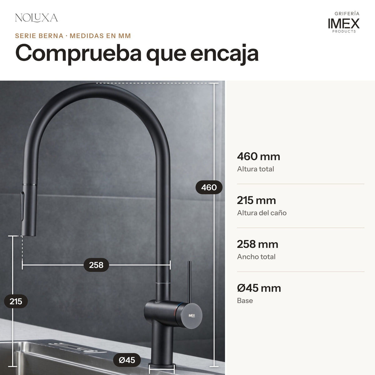 Grifo de cocina extraíble serie Berna negro mate (GCE026/NG) – medidas