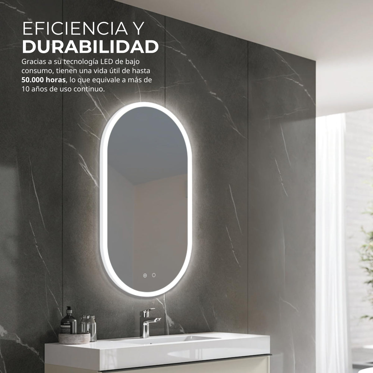 LEDIMEX - Espejo 50x90cm Baño con Luz LED y Antivaho | Espejo Inteligente con Luz Fría 6500k | Ovalado con Marco Acrílico Iluminado y Sensores ON/OFF | Serie Canada 90x50