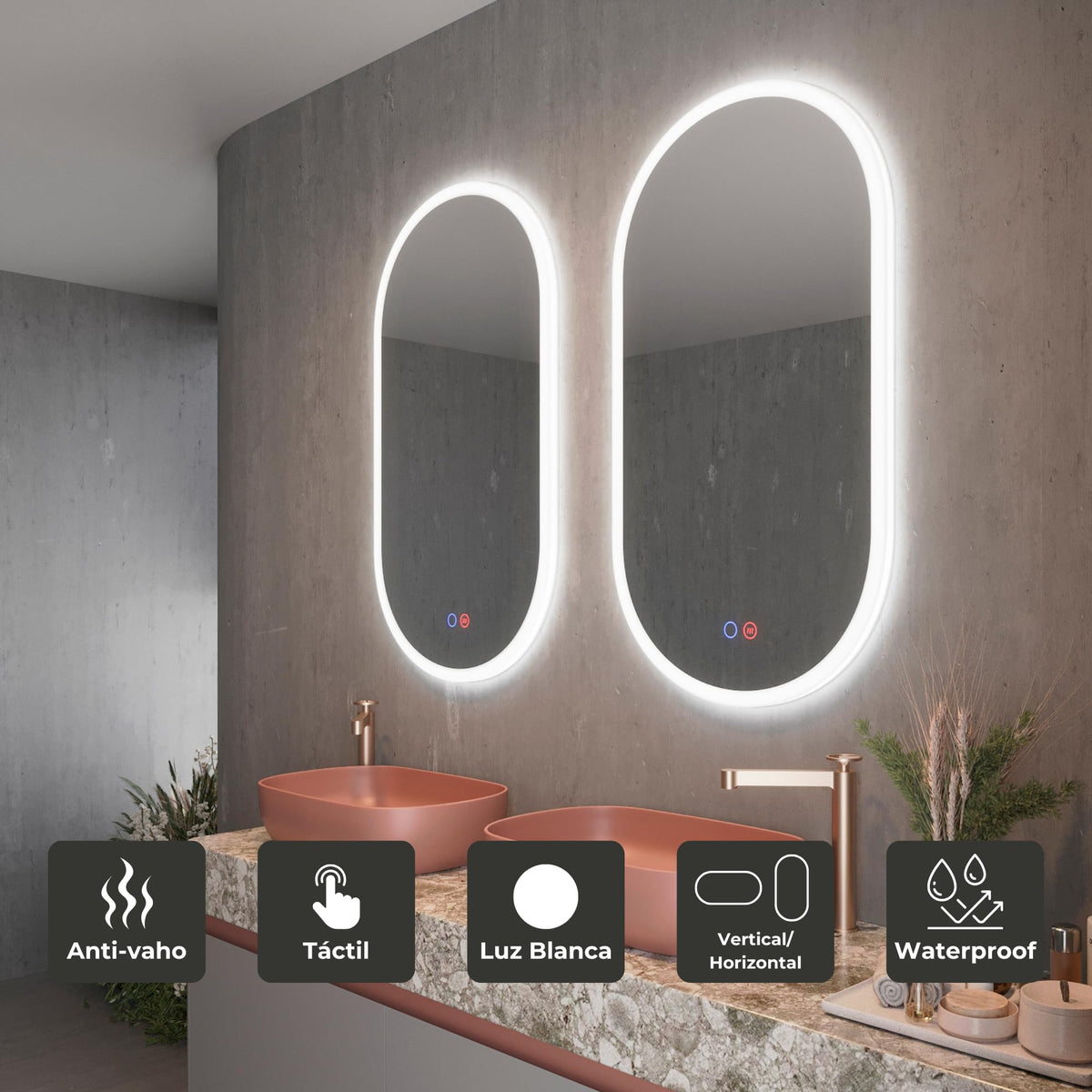 LEDIMEX - Espejo 50x90cm Baño con Luz LED y Antivaho | Espejo Inteligente con Luz Fría 6500k | Ovalado con Marco Acrílico Iluminado y Sensores ON/OFF | Serie Canada 90x50