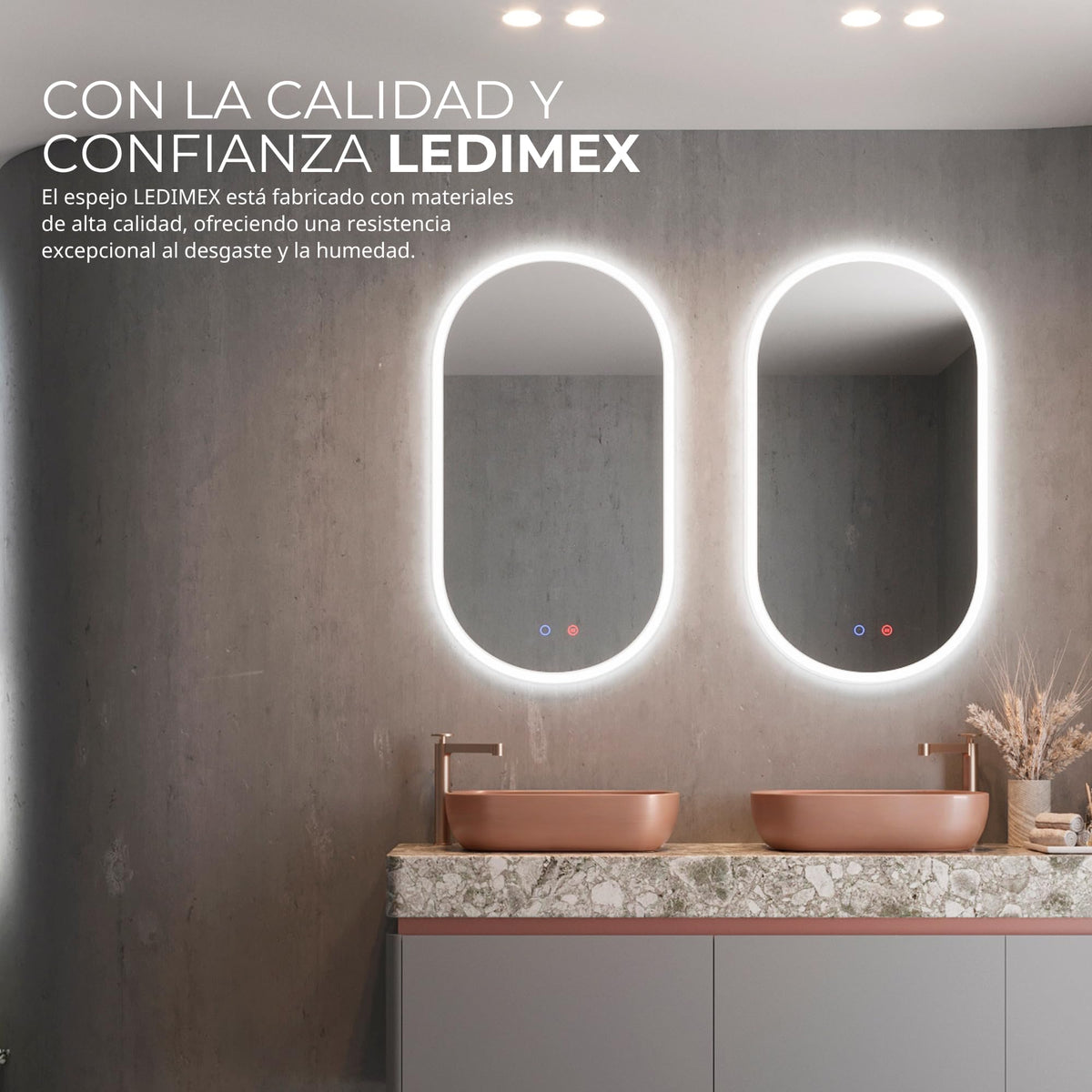 LEDIMEX - Espejo 50x90cm Baño con Luz LED y Antivaho | Espejo Inteligente con Luz Fría 6500k | Ovalado con Marco Acrílico Iluminado y Sensores ON/OFF | Serie Canada 90x50