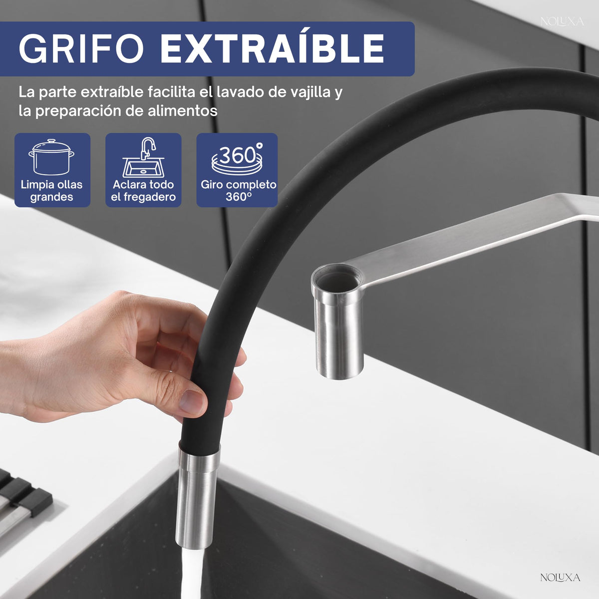 IMEX - Grifo Cocina Extraíble Acero S.316 | Grifo Monomando Fregadero | Griferia Cocina con Ducha Flexible 360º | Grifería en Latón con Tecnología PVD | Serie Deva | Color Acero S316 Acero S.316