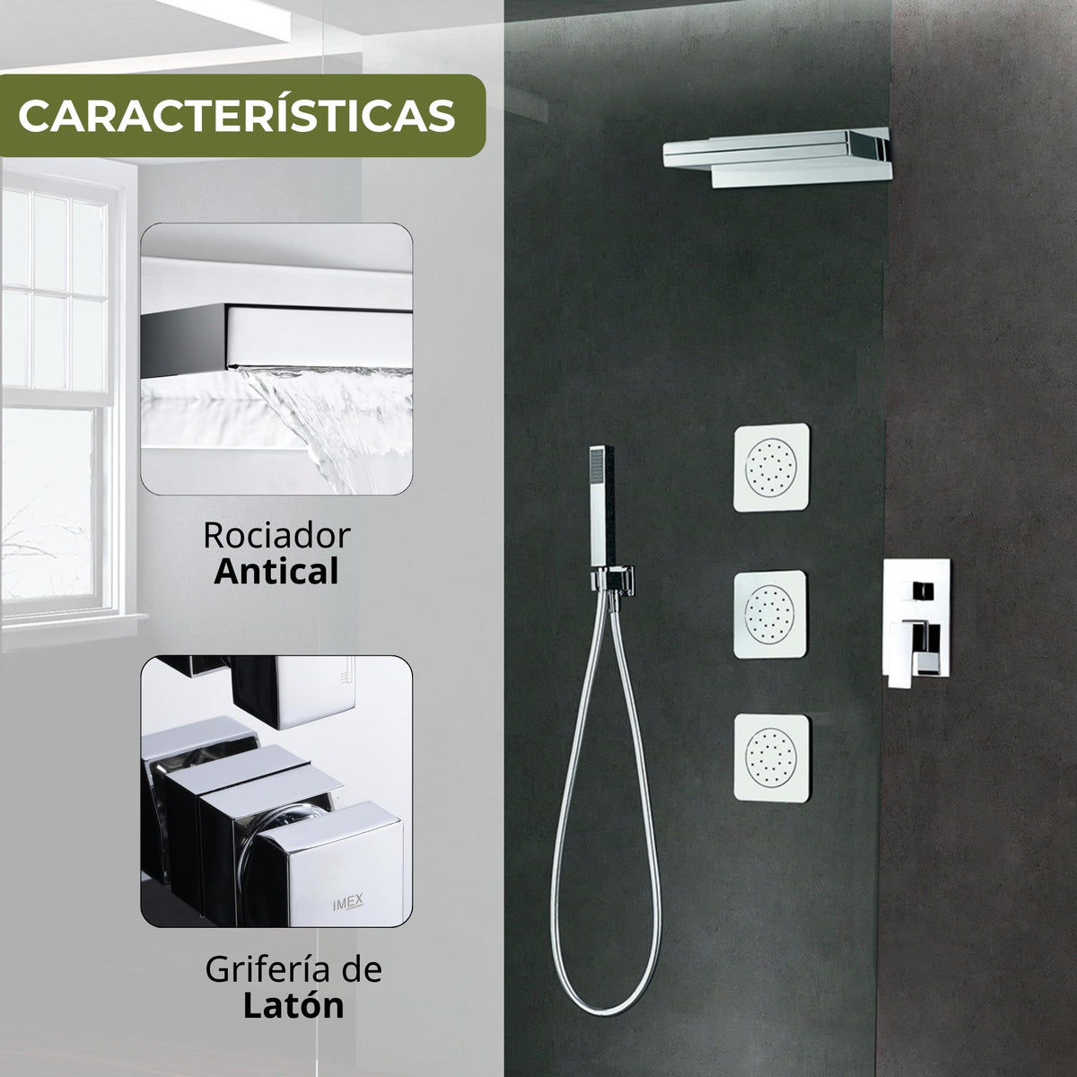 IMEX - Ducha Empotrada Monomando Cromada | Conjunto de Grifería Empotrado con Alcachofa y Rociador Antical Efecto Lluvia | Columna Ducha Empotrada en Latón y Acero Inox S.304 | Serie Formentera Cromado