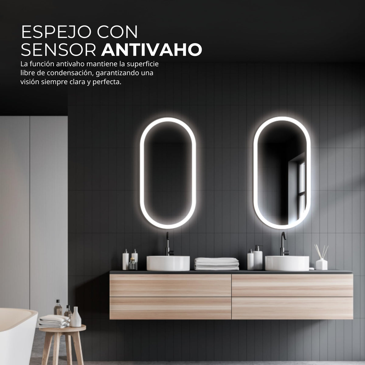 LEDIMEX - Espejo 50x90cm Baño con Luz LED y Antivaho | Espejo Inteligente con Luz Fría 6500k | Ovalado con Marco Acrílico Iluminado y Sensores ON/OFF | Serie Canada 90x50