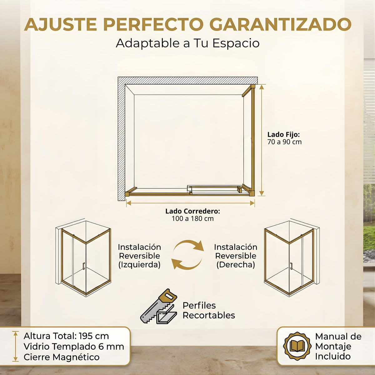MAMPARA 1 FIJA + 1 CORREDERA + PANEL LATERAL FIJO SERIE STYLO - Oro Rosa Cepillado