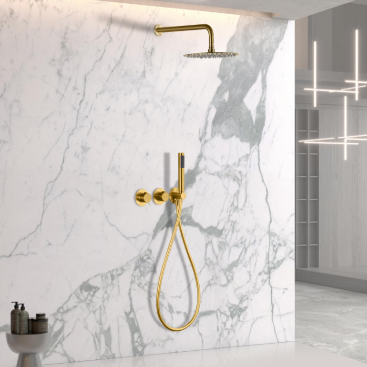 CONJUNTO DUCHA TERMOSTÁTICO EMPOTRADO ASSEN Oro Cepillado
