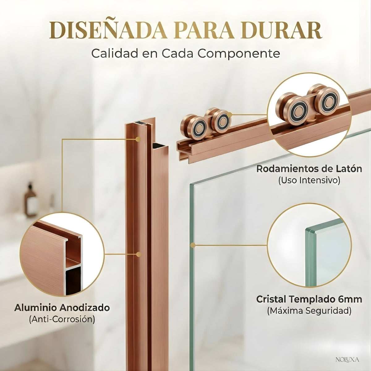 MAMPARA FRONTAL 2 FIJAS + 2 CORREDERAS SERIE STYLO - Oro Rosa Cepillado