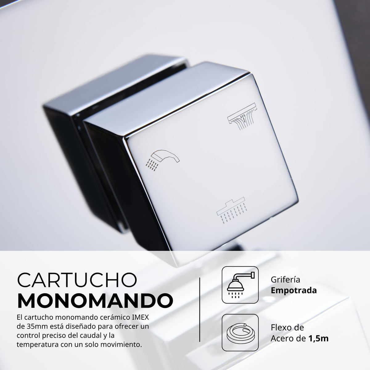 IMEX - Ducha Empotrada Techo Monomando Cromada | Conjunto de Grifería Empotrado con Alcachofa y Rociador Antical Efecto Lluvia | Columna Ducha Empotrada en Latón y Acero Inox S.304 | Serie Málaga Cromado