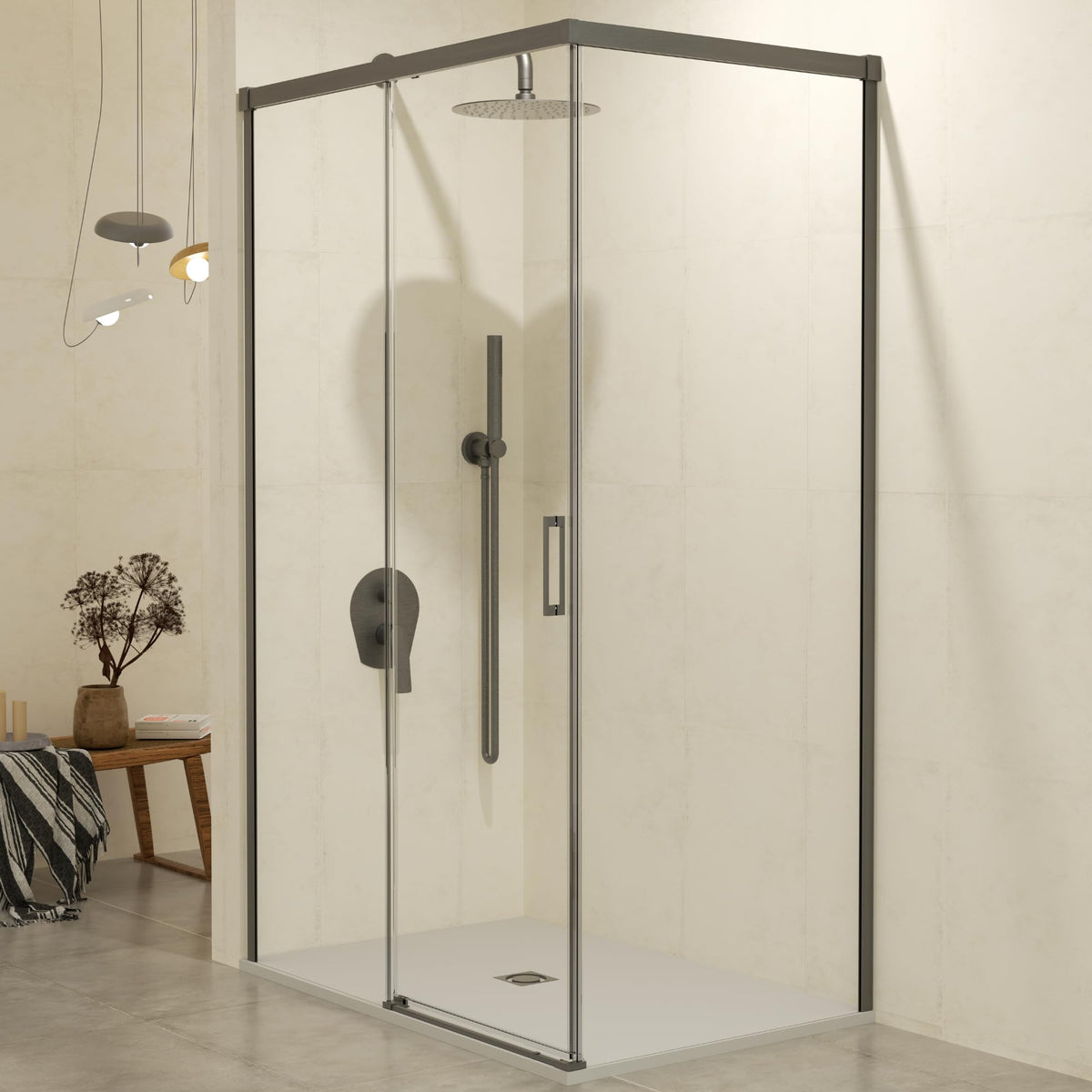 MAMPARA 1 FIJA + 1 CORREDERA + PANEL LATERAL FIJO SERIE STYLO - Black Gun Metal