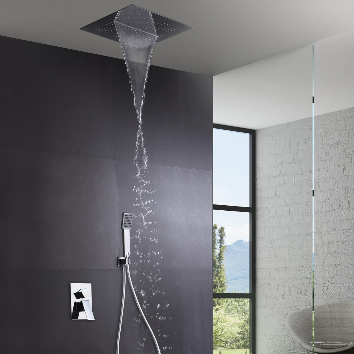 IMEX - Ducha Empotrada Techo Monomando Cromada | Conjunto de Grifería Empotrado con Alcachofa y Rociador Antical Efecto Lluvia | Columna Ducha Empotrada en Latón y Acero Inox S.304 | Serie Málaga Cromado