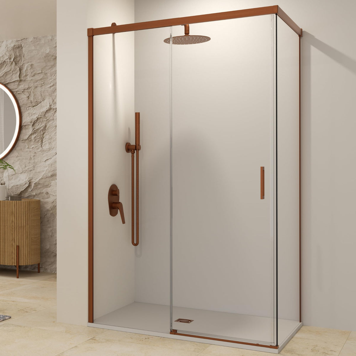MAMPARA 1 FIJA + 1 CORREDERA + PANEL LATERAL FIJO SERIE STYLO - Oro Rosa Cepillado