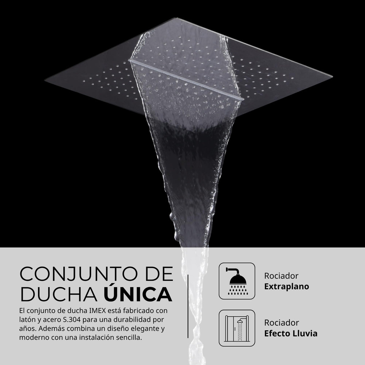 IMEX - Ducha Empotrada Techo Monomando Cromada | Conjunto de Grifería Empotrado con Alcachofa y Rociador Antical Efecto Lluvia | Columna Ducha Empotrada en Latón y Acero Inox S.304 | Serie Málaga Cromado