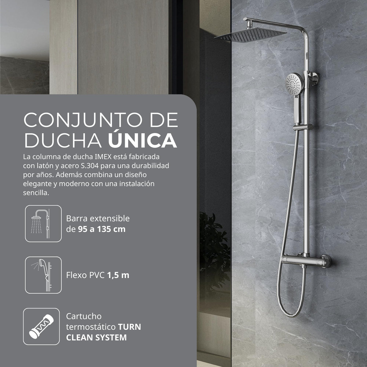 IMEX - Columna Ducha Termostatica con Grifo | Conjunto de Ducha con Alcachofa y Rociador Antical Efecto Lluvia | Griferia en Latón y Acero Inox S.304 con Barra Extensible | Serie Praga | Color Cromado Cromado
