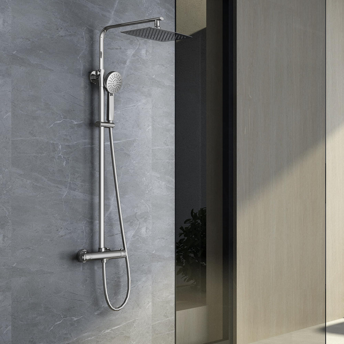 IMEX - Columna Ducha Termostatica con Grifo | Conjunto de Ducha con Alcachofa y Rociador Antical Efecto Lluvia | Griferia en Latón y Acero Inox S.304 con Barra Extensible | Serie Praga | Color Cromado Cromado