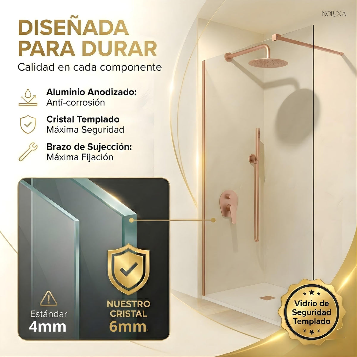 MAMPARA FIJA TRANSPARENTE SERIE SCREEN 6MM - Oro Rosa Cepillado