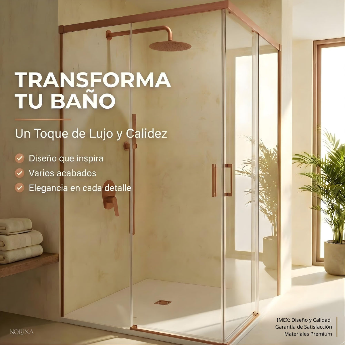 MAMPARA ANGULAR 2 FIJAS + 2 CORREDERAS SERIE STYLO - Oro Rosa Cepillado