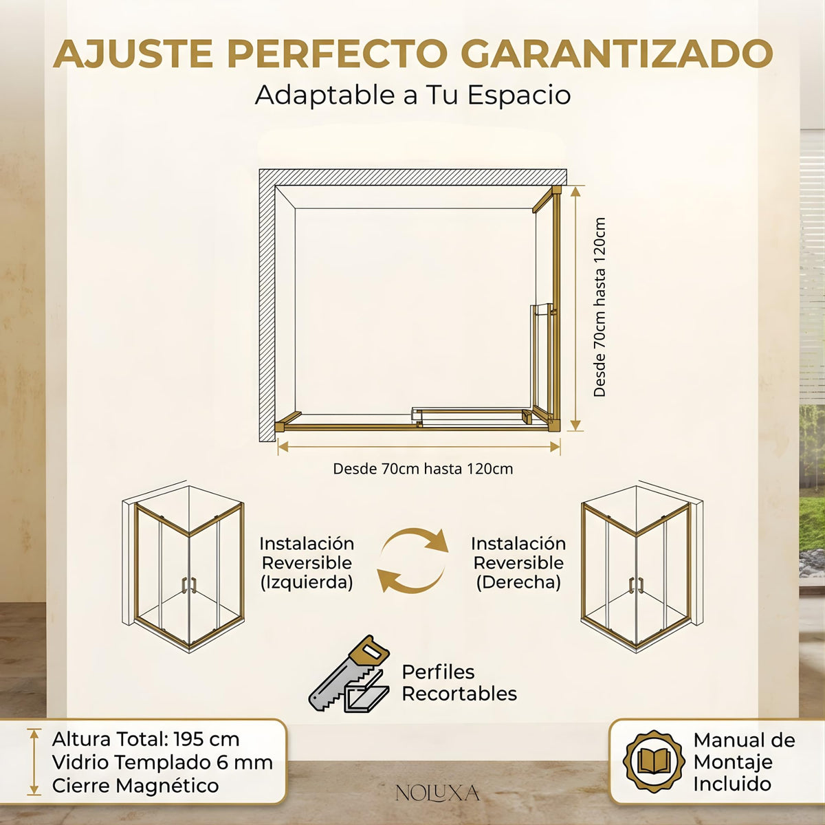 MAMPARA ANGULAR 2 FIJAS + 2 CORREDERAS SERIE STYLO - Oro Rosa Cepillado