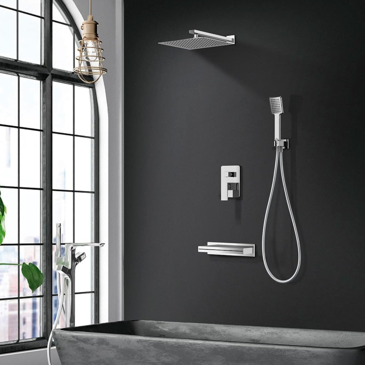 IMEX - Ducha Empotrada Monomando para Bañera y Ducha | Conjunto de Bañera y Ducha con Alcachofa y Rociador Antical Efecto Lluvia | Griferia en Latón y Acero Inox S.304 | Serie Java | Color Cromado Cromado