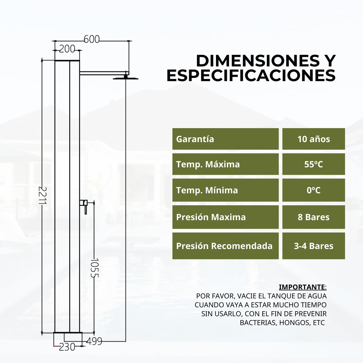 DUCHA PISCINA EXTERIOR EN ACERO INOX. S.316 SERIE PHOENIX