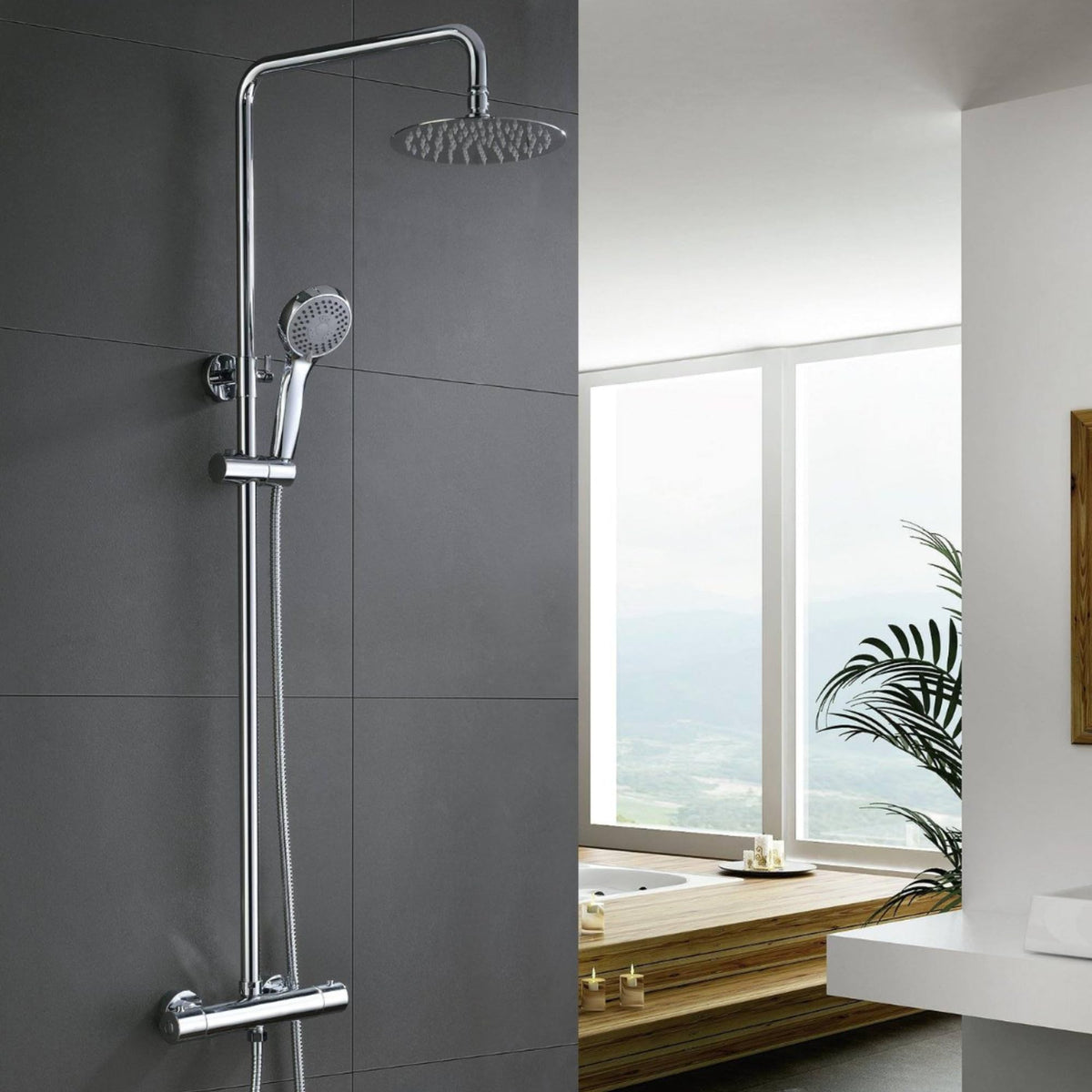 IMEX - Columna Ducha Termostatica con Grifo | Conjunto de Ducha con Alcachofa y Rociador Antical Efecto Lluvia | Griferia en Latón y Acero Inox S.304 con Barra Extensible Cromada | Serie Londres Cromado