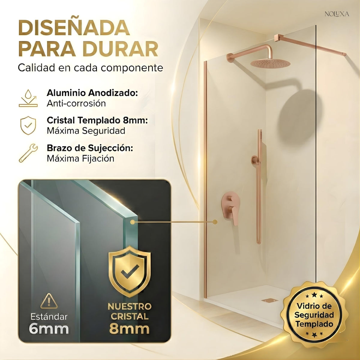 MAMPARA FIJA TRANSPARENTE SERIE SCREEN 8MM - Oro Rosa Cepillado