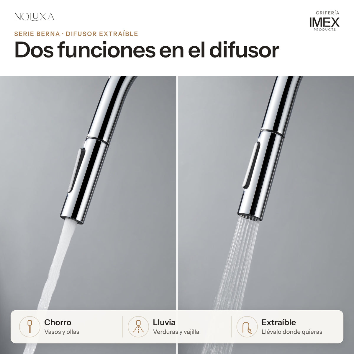 Grifo de cocina extraíble serie Berna cromado (GCE026) – difusor de doble jet