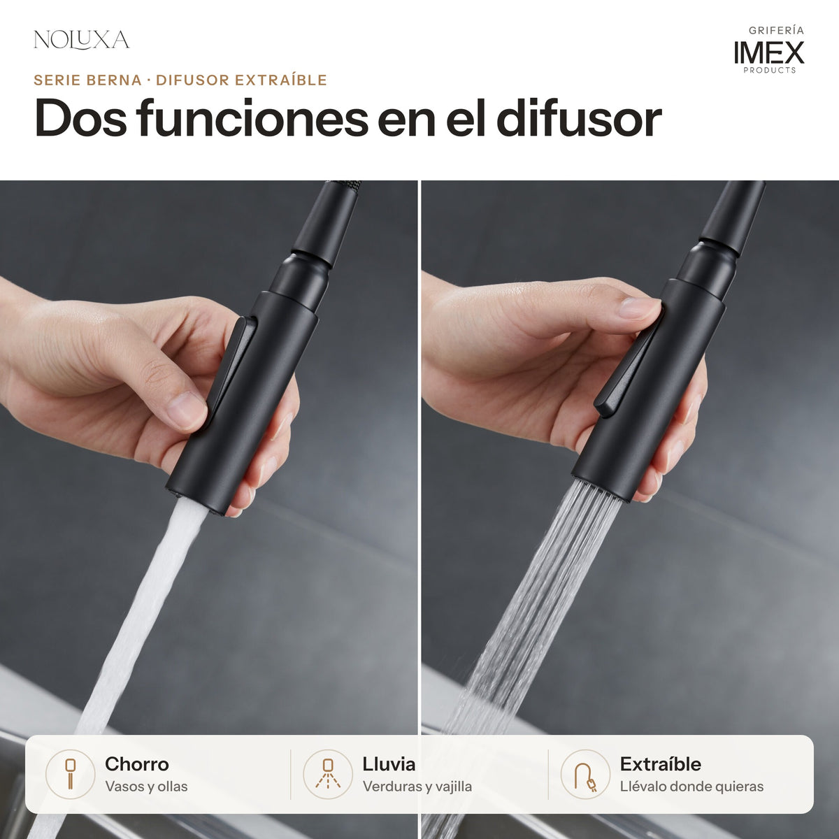 Grifo de cocina extraíble serie Berna negro mate (GCE026/NG) – difusor de doble jet