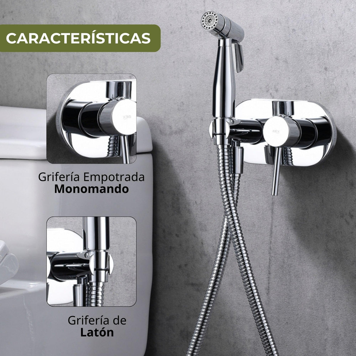 IMEX - Ducha Bidet Agua Fría Color Cromado | Grifo Bidet Empotrado para WC Cromada | Ducha Higiénica Monomando para Inodoro | Grifería Sustituto de Bidé | Serie Maui Cromado