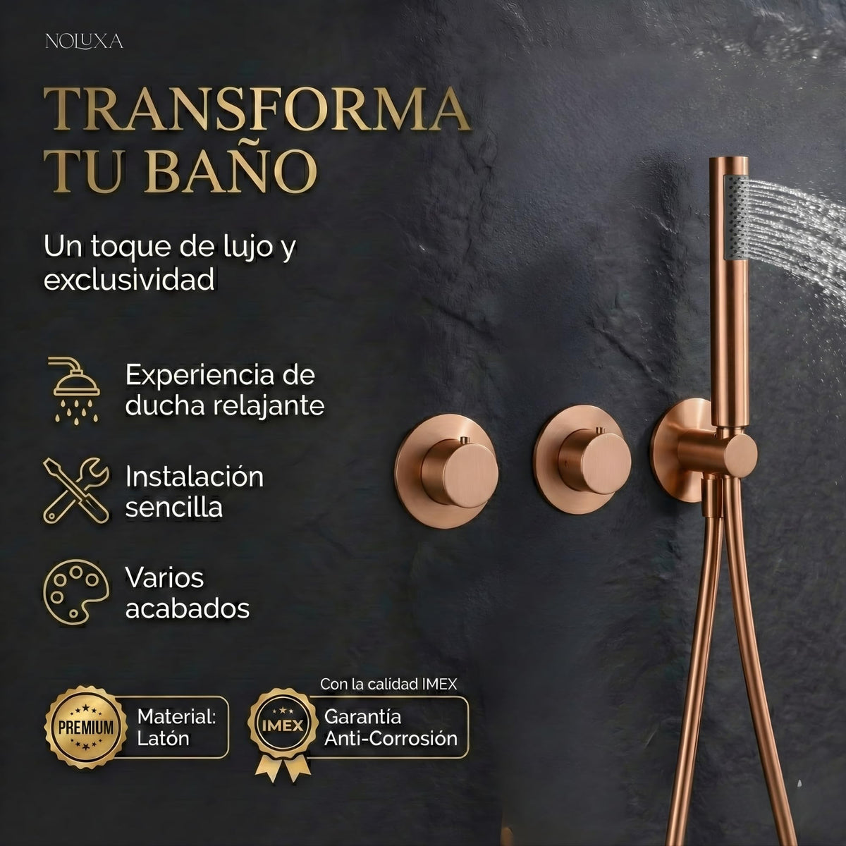 CONJUNTO DUCHA TERMOSTÁTICO EMPOTRADO ASSEN Oro Rosa Cepillado
