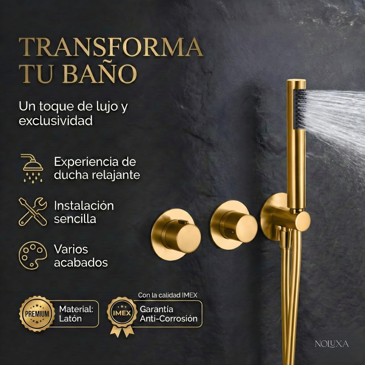 CONJUNTO DUCHA TERMOSTÁTICO EMPOTRADO ASSEN Oro Cepillado