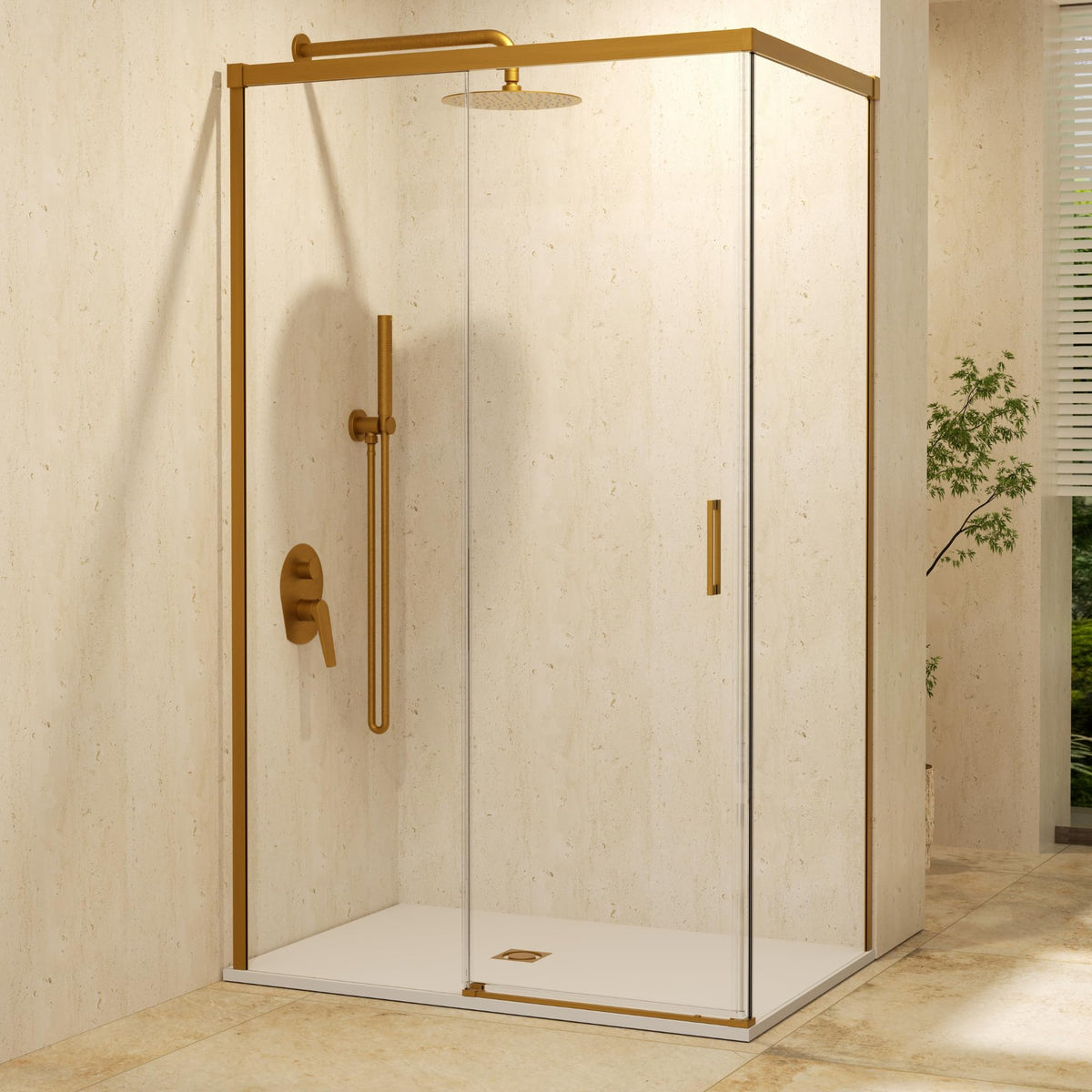 MAMPARA 1 FIJA + 1 CORREDERA + PANEL LATERAL FIJO SERIE STYLO - Oro Cepillado