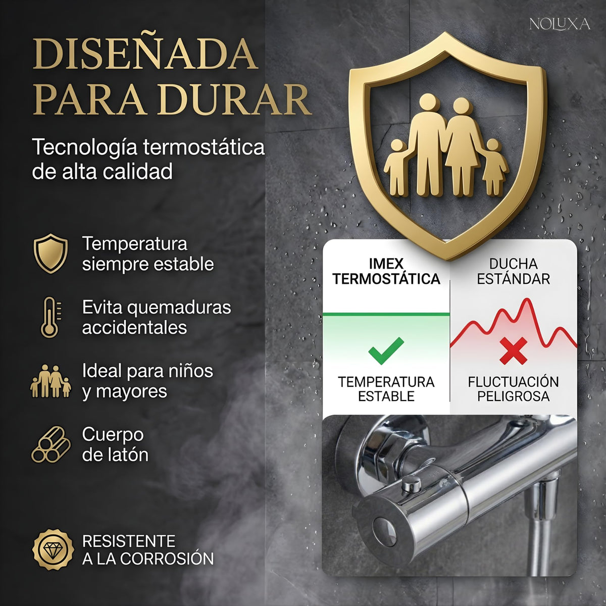 IMEX - Columna Ducha Termostatica con Grifo | Conjunto de Ducha con Alcachofa y Rociador Antical Efecto Lluvia | Griferia en Latón y Acero Inox S.304 con Barra Extensible Cromada | Serie Londres Cromado