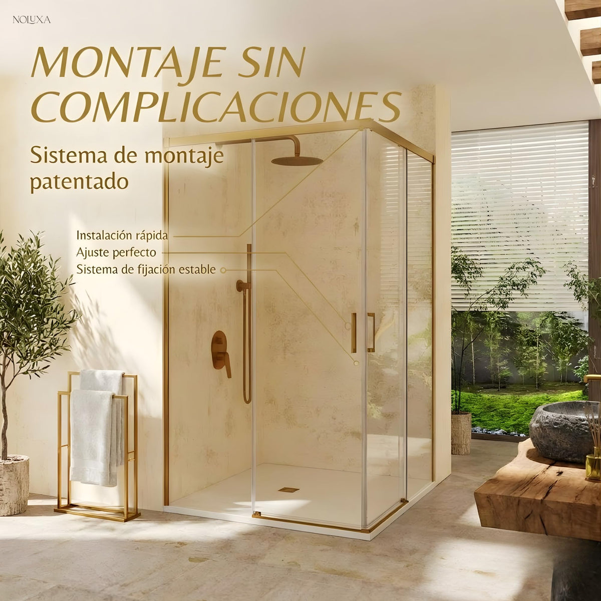 MAMPARA ANGULAR 2 FIJAS + 2 CORREDERAS SERIE STYLO - Oro Cepillado