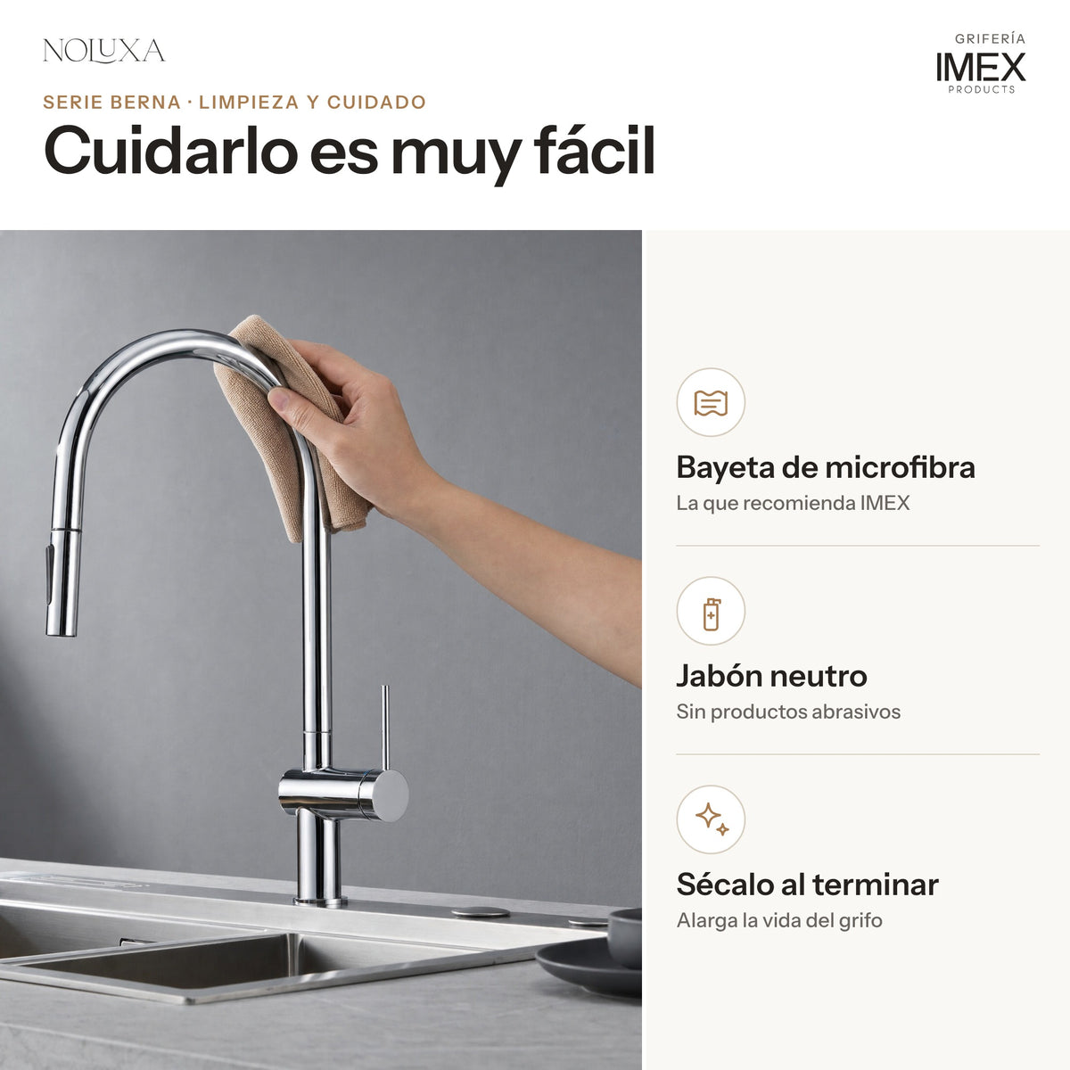 Grifo de cocina extraíble serie Berna cromado (GCE026) – limpieza y cuidado