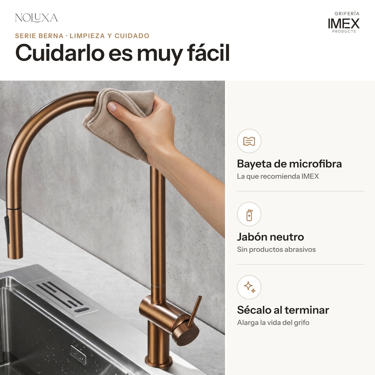 Grifo de cocina extraíble serie Berna oro rosa cepillado (GCE026/ORC) – limpieza y cuidado