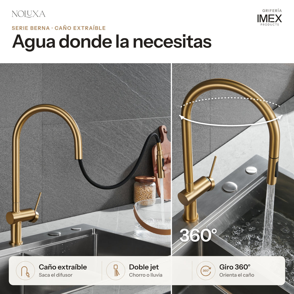Grifo de cocina extraíble serie Berna oro cepillado (GCE026/OC) – caño extraíble y giro 360°
