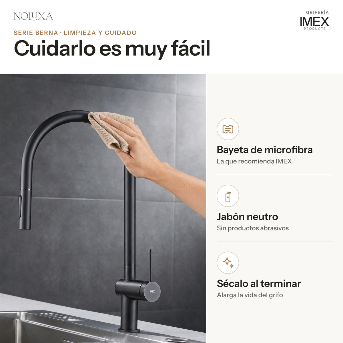 Grifo de cocina extraíble serie Berna negro mate (GCE026/NG) – limpieza y cuidado